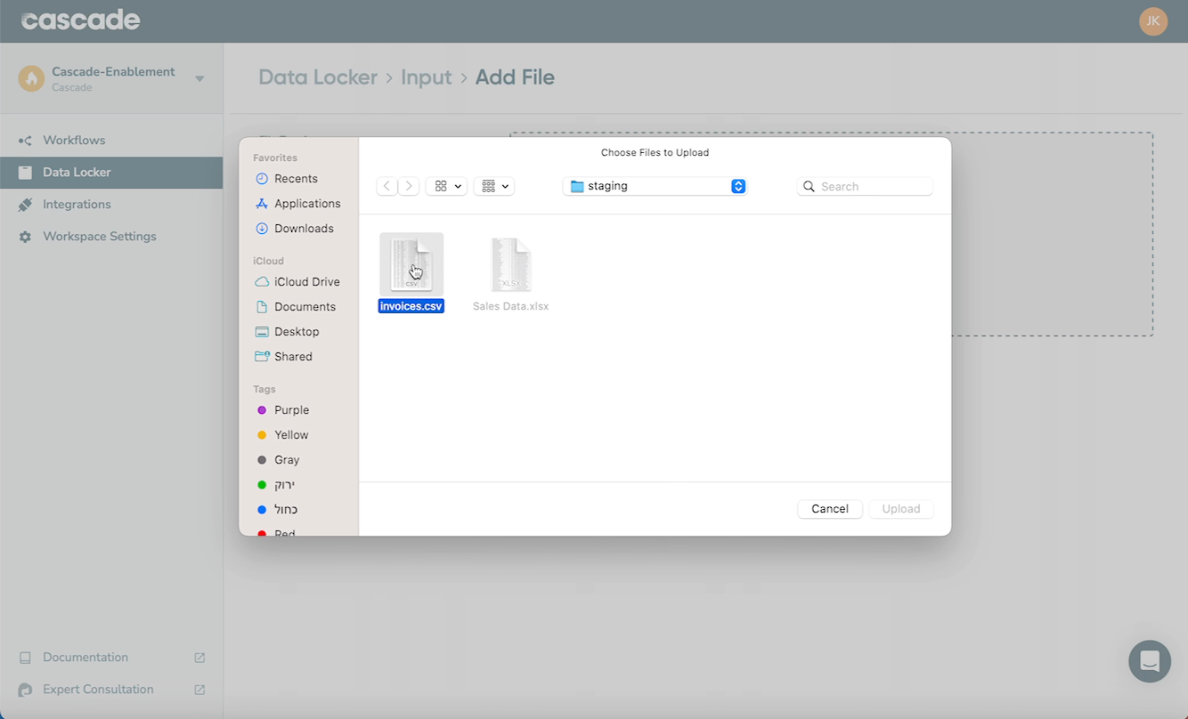 Select a CSV File to upload to the Data Locker